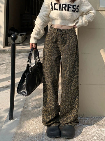 Sonicelife Retro Spring Trendy Leopard Print Jeans Women's American High Street Trousers Y2K Harajuku Style Baggy  Waist Casual Pants