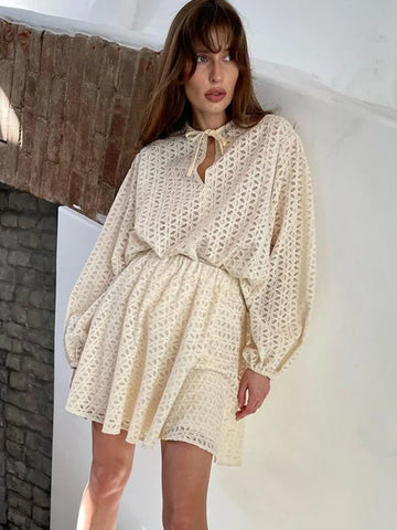 Sonicelife 2024 Summer Autumn Women Vintage Solid Shorts Sets Beige Tops Outfits Long Sleeve 2 Two Piece Set For Women