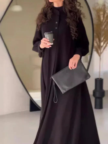 Sonicelife Women Dress Long Dresses A Line Solid Round Neck Full Lantern Sleeve Elegant Splice Regular Slim Fit Casual Vestidos Autumn 2024