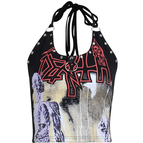 Sonicelife Women's Gothic Directional Design Top 2024 New Color Clash Backless Printed Crash Studded Suspenders