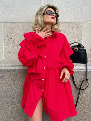 Sonicelife hoco dresses 2024 Winter Spring Women Solid Red Mini Shirt Dress Office Ladies Ruffles Long Sleeve Loose Fit Dress For Women