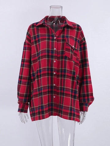 Sonicelife 2024 Autumn Winter Women Vintage Oversized Thick Long Plaid Shirt Long Sleeve Ladies Loose Fit Blouse Woman