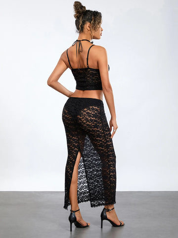 Sonicelife See-Through Black Lace Crochet Dress Sets Summer Women's Clubwear Outfits Spaghetti Strap Camis Crop Top+Long Skirts