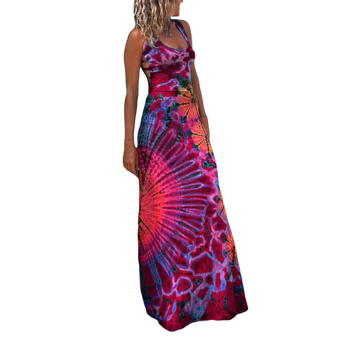 Sonicelife Women Summer Y2k Tie Dye Long Dress Sexy Sleeveless Open Back Bandage Colorful Dress Floral Print Beach Party Vestido