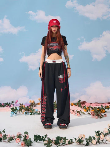 Sonicelife Women Wide Leg High Waist Pants Hip Hop Baggy Goth Hippie Side Stripe Casual Sweatpants Y2K Kpop Jogging Sports Trousers