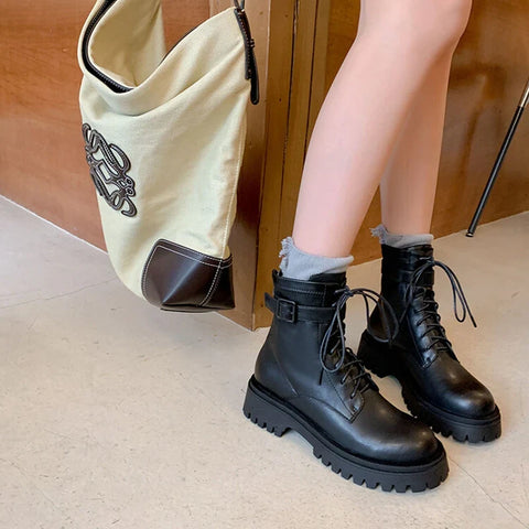 Sonicelife Autumn Boots Women Split Leather Short Boots Round Toe Thick Heel Women Shoes Winter Chelsea Boots Casual Buckle Platform Shoes