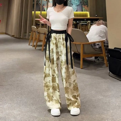 Sonicelife New Chinese Style Calligraphy Pants 2024 Summer  Ice Silk Straight Trousers Y2k E-Girl High Waist Loose Wide Leg