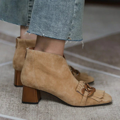 Sonicelife NEW Women Boots Sheep Suade Round Toe Square Heel Mid-Heel Ankle Boots Fringed Zipper Fashion Solid Office Lady Shoes Plus Size