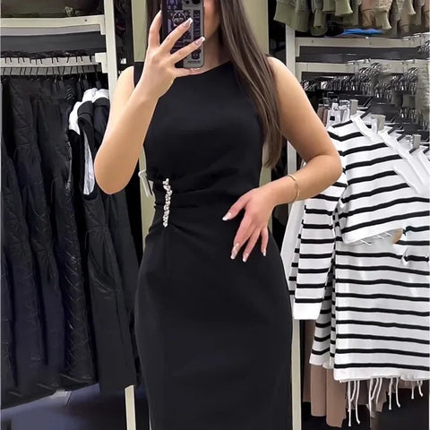 Sonicelife Dress Women Sexy Tassel Long Dress Sleeveless Slim Fit Wrap Hip Round Neck Elegant Splice Sheath Vestidos Solid Summer