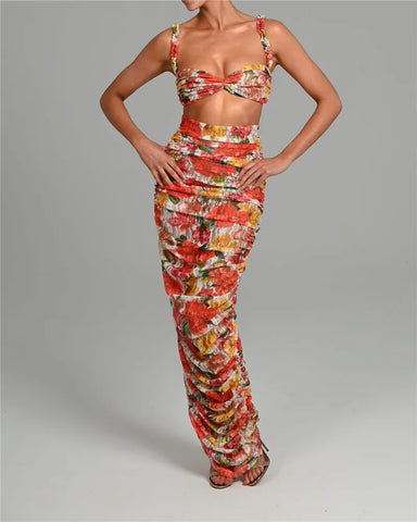 Sonicelife Floral Spaghetti Straps Bra Top and Skirt Set