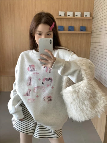 Back To School Sonicelife Cute Dog Print Hoodies Women Kawaii Cat Graphic Long Sleeve Oversized Sweatshirt  Pullover Harajuku Y2k Cutecore Clothes