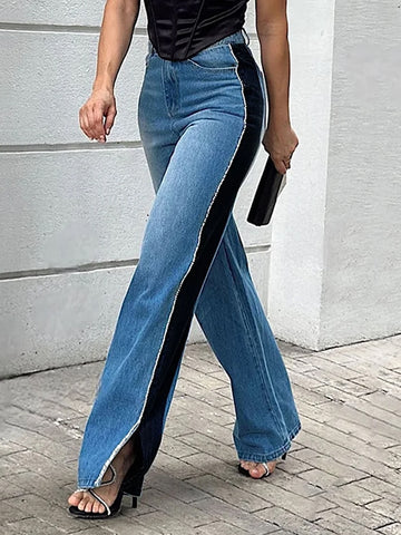 Sonicelife High Waist Women's Jeans 2024 New Fashion Loose Mom Slit Patchwork Denim Trousers Street Plus Size Ladies Straight Pants