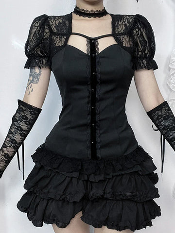 Sonicelife Women's Summer Gothic Top 2024 New Blood Together To Diablo Style Lace Splicing Design Bubble Sleeve Top