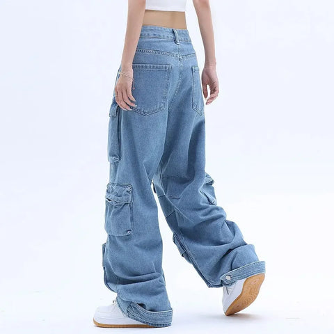 Sonicelife Y2K New Multi-Pocket Heavy Industry High-Quality Best-Selling Jeans Women Street Hip-Hop Straight High Waist Wide-Leg Pants 2023