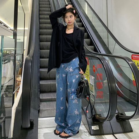 Sonicelife Butterfly Embroidery Cargo Pants Women Clothing Street Vintage Hip Hop High Waisted Jeans Woman Casual Baggy Jeans Women Pants