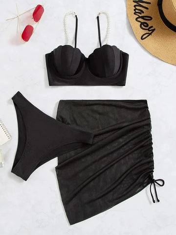 Sonicelife-Sexy Bikinis Set Women Swimwear  2024 Three Piece Swimsuit With Skirt Push Up Biquinis Female Black Summer Beachwear Faux Pearl