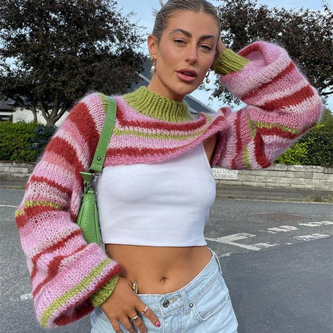 Sonicelife Y2K Vintage Striped Loose Long Sleeves Pullover Crop Tops Chic Women Knitted Shrug Sweater 00s Retro Smock T-shirt Streetwear