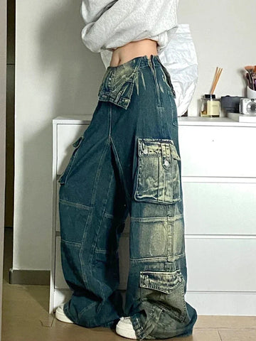 Sonicelife Retro American Plus-size Washing Overalls Jeans Female Y2K High Street Punk Flanging Design Straight Loose Wide-leg Drop Pants