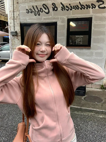 Black Friday Sonicelife Solid Fleece Zip Up Hoodies for Women Slim Pink Sweatshirt Female Korean Style Long Sleeve Design Autumn Winter Clothes