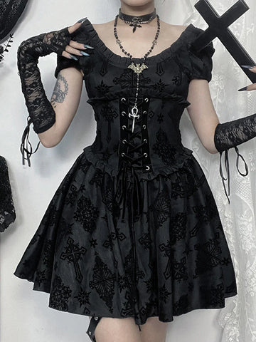 Sonicelife Women's Gothic Directional Design New Fall Halloween Elegant Cross Flocked Dark Dresses