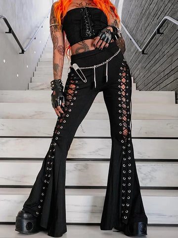 Sonicelife Women's gothic pants Spring 2024 new dark wind Street fashion trend cock-eye tie design flared pants women