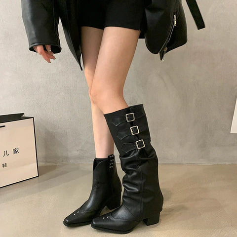 Sonicelife Designer Autumn Cowboy Boots For Women Fashion Slip On Long Knight Boots Female Square High Heel 2024 Winter Footwear