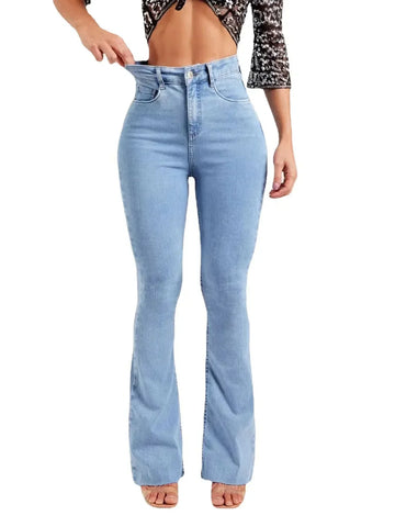 Sonicelife Women Jeans Flare Pants Denim Washing Loose Fit Bootcut Pockets High Street Slight Strech Solid Full Length Spring 2024