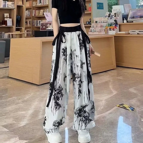 Sonicelife New Chinese Style Calligraphy Pants 2024 Summer  Ice Silk Straight Trousers Y2k E-Girl High Waist Loose Wide Leg