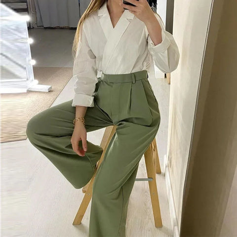 Sonicelife Shirt Blouse Long Wide Leg Pants Set Tracksuit Women Two Piece Set Loose Spring Autumn Boho Print Work Y2k Vintage Elegant