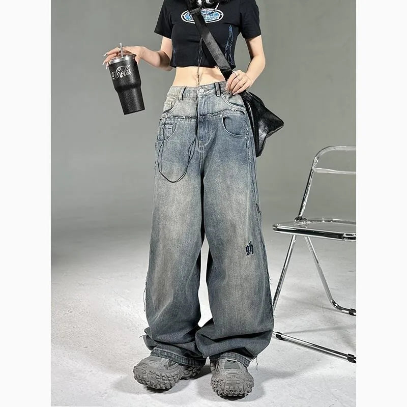 Sonicelife Sonicelife American New Fashion Letter Embroidered Baggy Jeans Women Y2K High Street Harajuku Vintage Gothic Straight Versatile Mop Pants