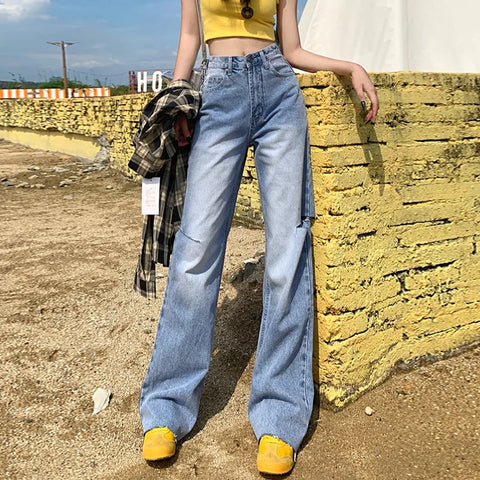 Sonicelife Denim Straight Hollow Out High Waist Streetwear Jeans Vintage Slight Blue Jeans Long Pants Y2k Work Summer Blue Jeans Capris