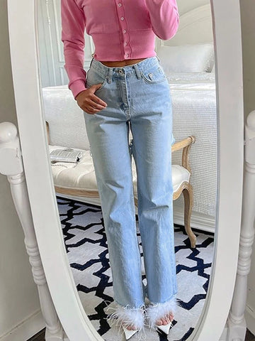 Sonicelife 2024 Summer Autumn Women Washed High Waist Jeans Hollow Out Streetwear Straight Denim Pants For Women