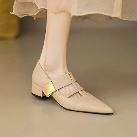 Sonicelife NEW Spring/Autumn Women Pumps Split Leather Shoes for Women Pointed Toe Chunky Heel Shoes Metal Buckle Mary Janes Handmade Shoes