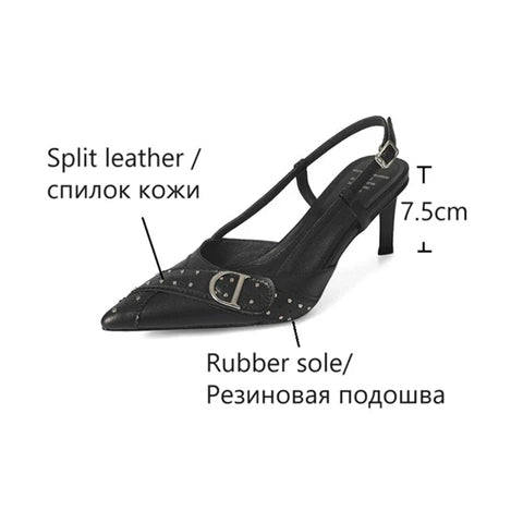 Sonicelife NEW Summer Women Sandals Split Leather Shoes for Women Pointed Toe Thin Heel Shoes Metal Buckle Sandals High Heel Designer Shoes