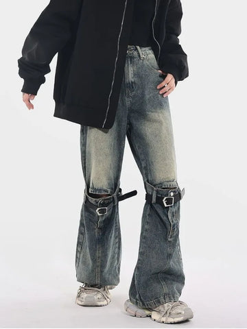 Sonicelife American Retro Washed Bell Bottom Jeans Y2k Grunge High Waist Loose Denim Pants 2024 New Straight Wide Leg  Women