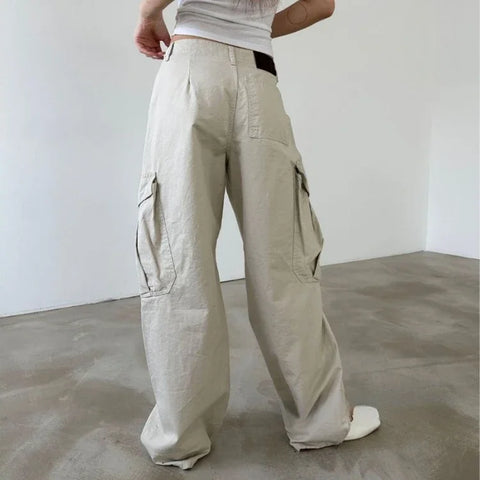 Sonicelife Multiple Pockets Straight Trousers Women 2024 Summer Loose Thin Cargo Pants Y2k Grunge High Waist Casual Wide Leg