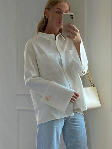 Sonicelife 2024 Summer Autumn Women Elegant Solid White Long Sleeve Shirt Ladies Loose Blouse For Woman