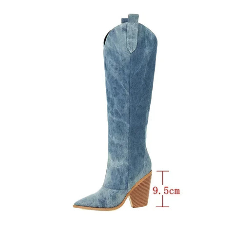 Sonicelife Denim Western Women Knee Thigh High Boots New 2024 Autumn Winter High Heel Cowboy Long Boots Size 43 Slip on Woman Shoes