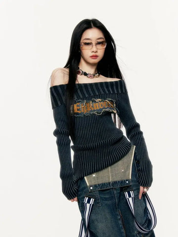 Black Friday Sonicelife Y2k Vintage Striped Off Shoulder Sweater Gray Letter Print Pullover Gothic Style Long Sleeve Punk Grunge Alt Clothes 90s