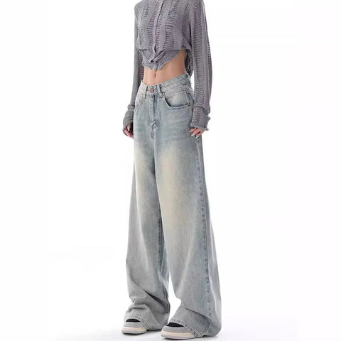 Sonicelife Full Length Women Jeans Vintage Distressed Wide Leg Pants Denim Wash Loose Fit 2024 Summer Pockets Solid Spliced High Waist