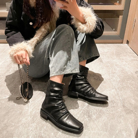Sonicelife NEW Autumn Women Boots Square Toe Low Heel Ankle Boots Women Microfiber Shoes for Women Slip-on Black Boots Pleated Ladies Shoes