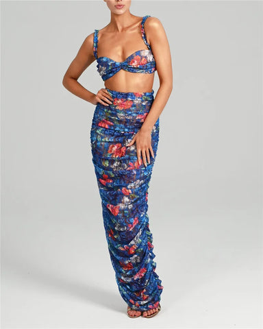 Sonicelife Floral Spaghetti Straps Bra Top and Skirt Set