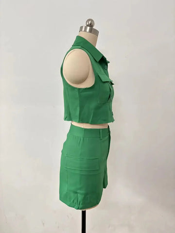 Sonicelife Two Piece Short Sets Women Sleeveless Splice Vests Button Pockets High Waist Shorts Suit Solid Slim Fit Casual Summer 2024