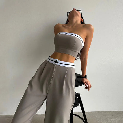 Sonicelife Sleeveless Crop Top and High Waist Wide Leg Trousers Casual Set