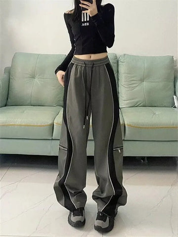 Sonicelife Y2K Line Design Pant Women Drawstring Pockets Wide Leg Chic Punk Pants Baggy Striped Sports Sweatpants Parachute Jogger Trousers