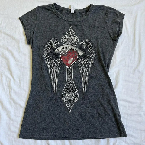 Sonicelife 2000s Retro Y2K Cybery Grunge Emo Baby Tees Rhinestone Graphic Print T-shirt Japanese Harajuku Mall Goth Short Sleeve Crop Tops
