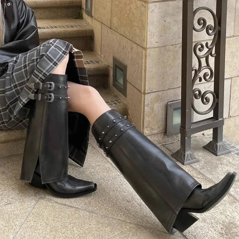 Sonicelife Autumn Cowboy Boots For Women Fashion Slip On Long Pipe Boots Female Square High Heel Trend Winter Footwear