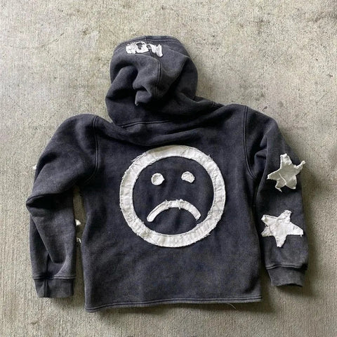 Back To School Sonicelife Trendy Brand Crying Face Letter Embroidered Zipper Hoodie Men Y2k Retro Harajuku Jacket Hip-hop Rock Casual Oversized Sweatshirt