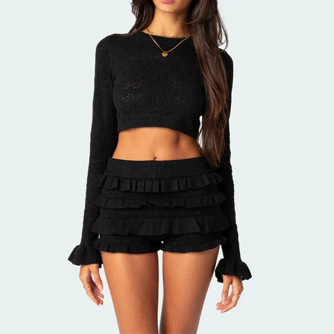 Sonicelife 2 Piece Set Knitted Long Sleeve Crop Sweater Tops + Ruffles Shorts Vintage Outfits Women Autumn Matching Suit Y2K Streetwear