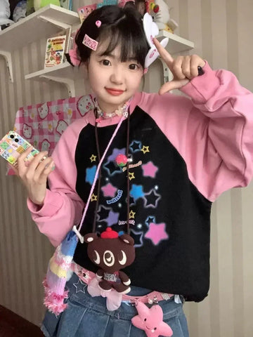 Back To School Sonicelife Women Star Graphic Hoodies Y2K Aesthetic Raglan Sleeve Sweatshirt E-girl Oversized Harajuku Tops Cutecore Kawaii Clothes